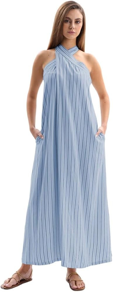 Amazhiyu Women's Linen Striped Halter Sleeveless Maxi Dresses Summer with Pockets | Amazon (US)
