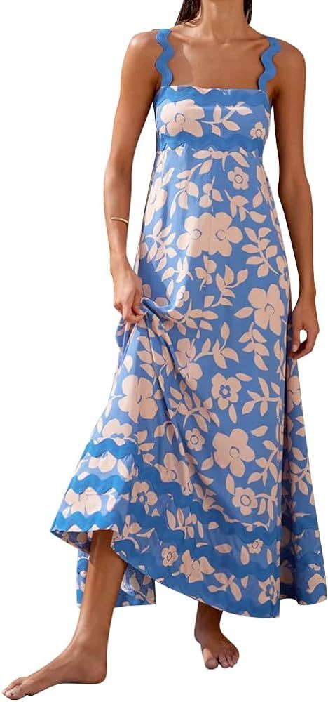 Summer Dresses for Women 2024 Rickrack Trim Spaghetti Straps Smocked Boho Flowy Loose A-Line Maxi... | Amazon (US)
