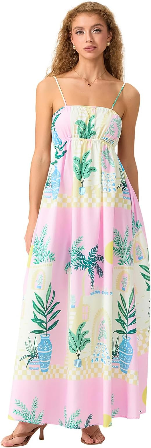 Women's Floral Sleeveless Long Maxi Dress Spaghetti Strap Backless Boho Slip Flowy Going Out Swin... | Amazon (US)