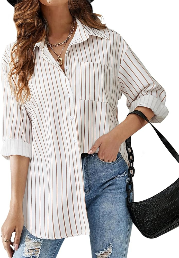 HOTOUCH Women Button Down Striped Shirts Drop Shoulder Blouse Long Sleeve Oversized Shirt with Po... | Amazon (US)