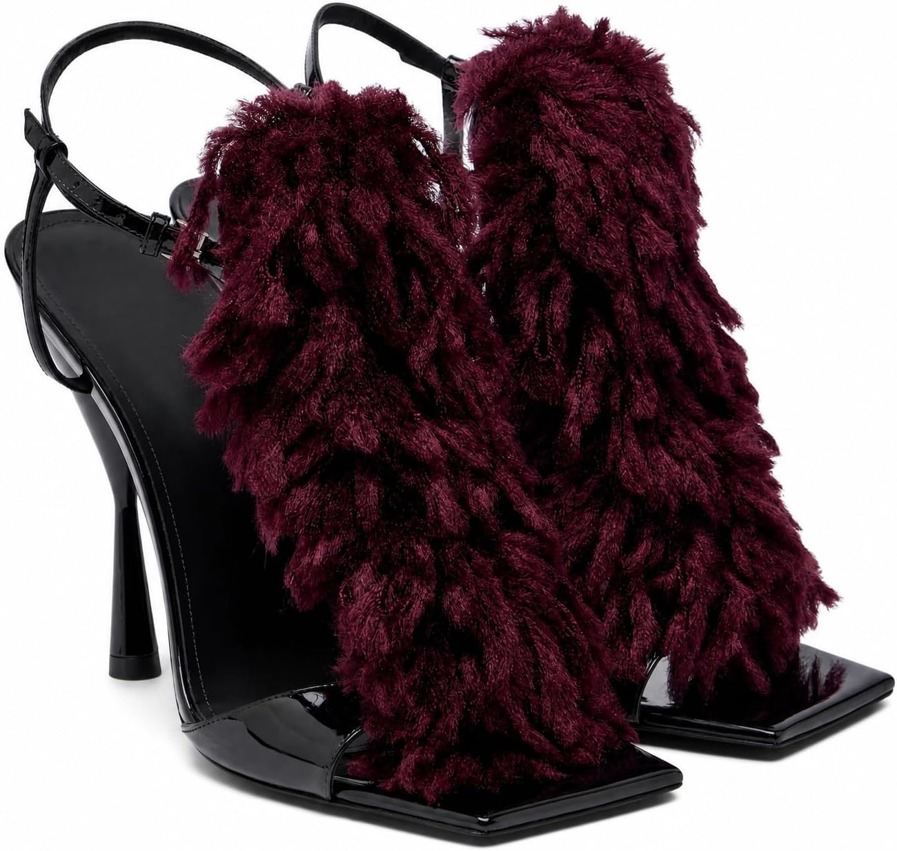 Womens Fuzzy Fringe Square Toe High Heel Sandals | Amazon (US)