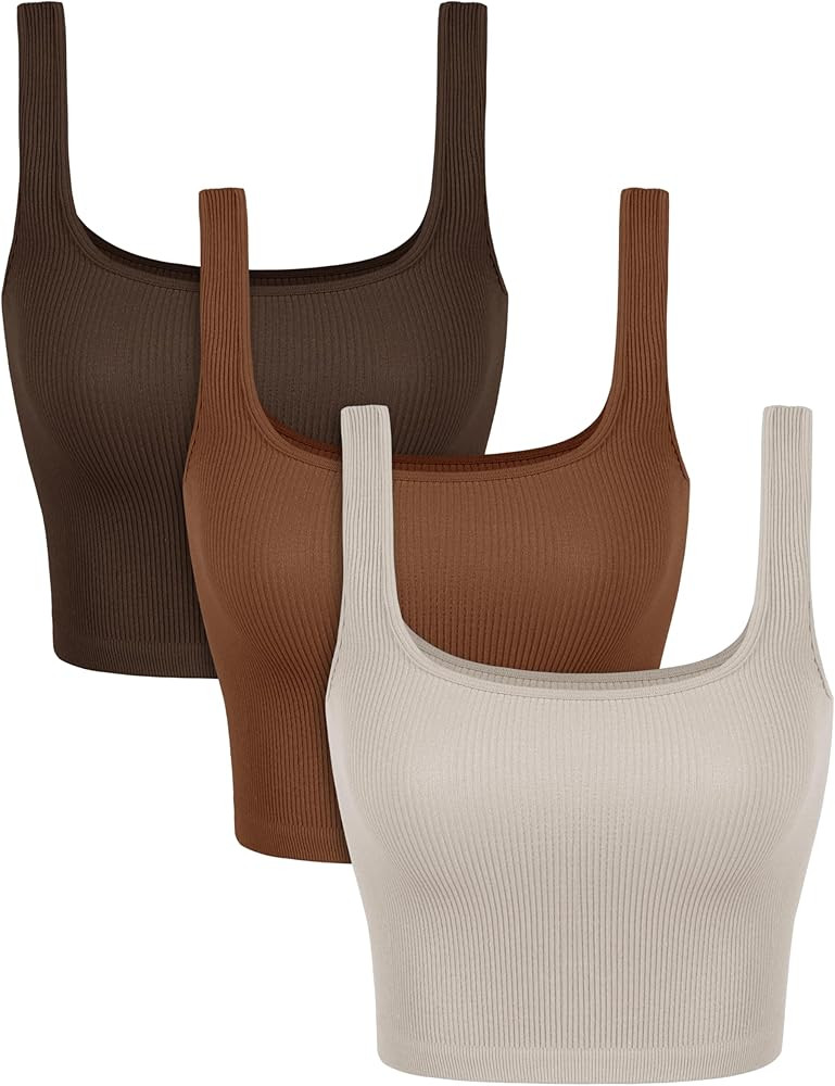 ODODOS 3-Pack Seamless Square Neck Crop Tank for Women Ribbed Knit Soft Low Back Cropped Tops | Amazon (US)
