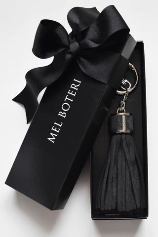 Charcoal Suede Leather Tassel Bag Charm | Mel Boteri