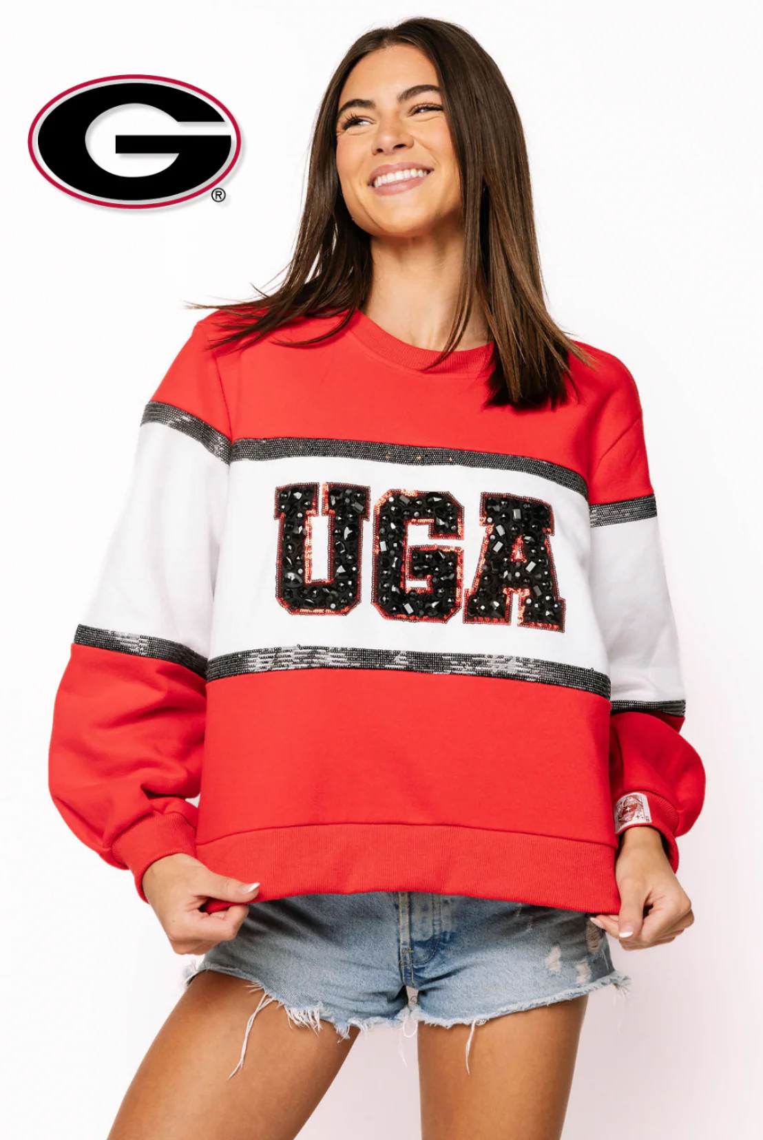 Licensed Sample - 'UGA' Colorblock Jewel Letter Sweatshirt | Queen of Sparkles