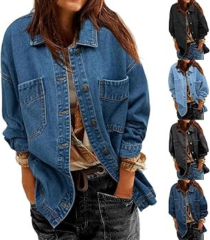 Denim Jackets for Women Oversized Boyfriend Long Sleeve Button Down Shirt Casual Loose Jean Jacke... | Amazon (US)