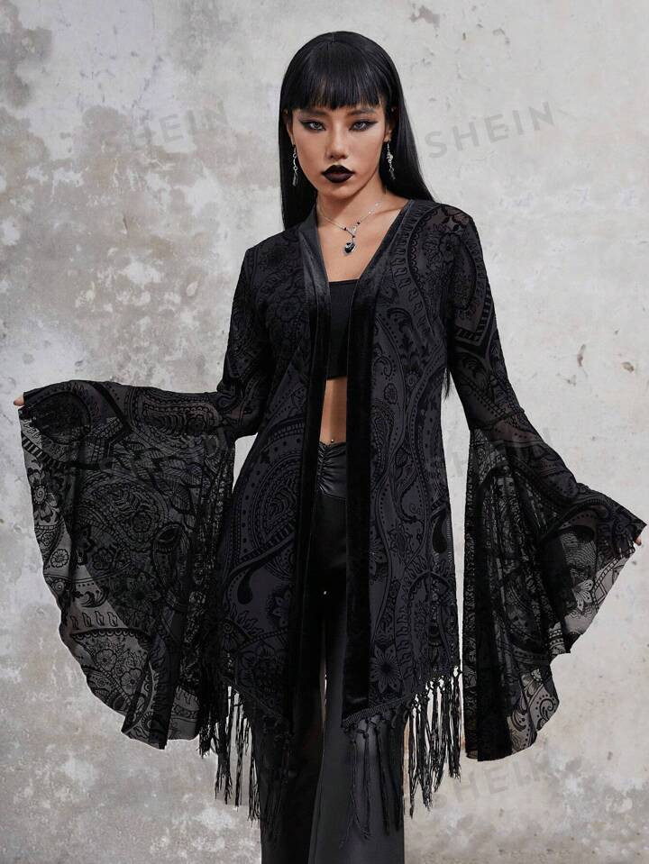 ROMWE Goth Paisley Print Fringe Hem Bell Sleeve Mesh Top | SHEIN