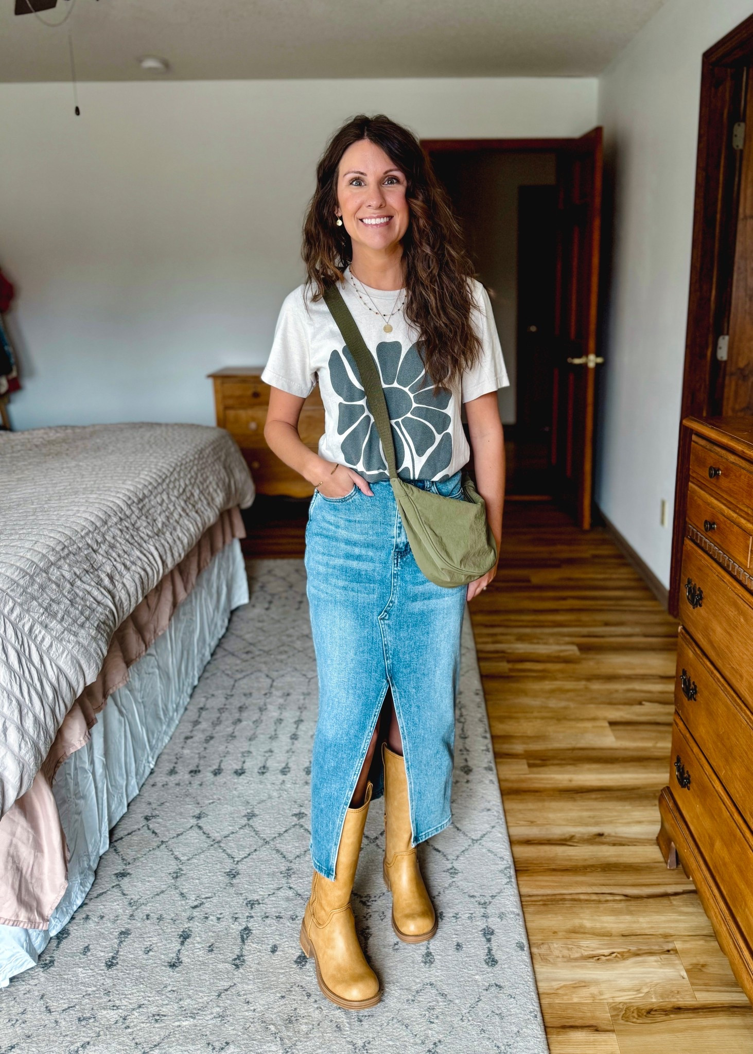 Small in my tee shirt, xs in my denim skirt (almost sold out-linked similar!) size 6 in my boots. My bag is older so linked similar. 

#LTKPetite #LTKgrwm #LTKootd