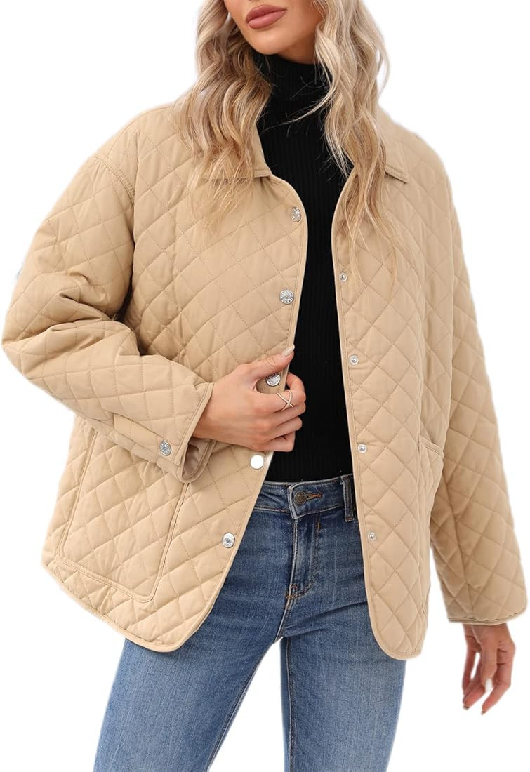 Women's Lapel Lightweight Quilted Jacket Concealed Buckle Long Sleeve Warm Oversized Coat with Two P | Amazon (US)