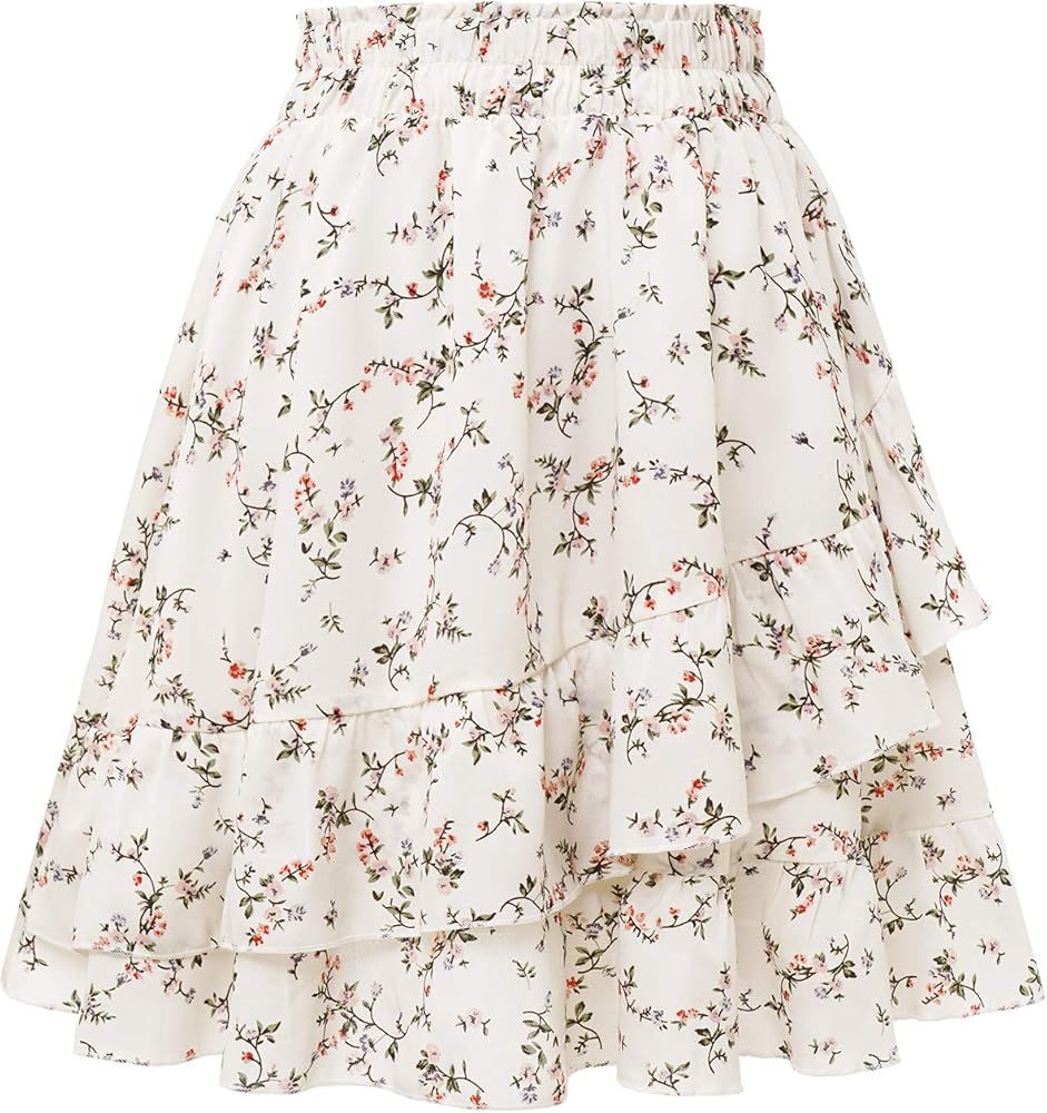 Bbonlinedress Women's Summer Chiffon Skater Skirt Floral Print Ruffle A-line Mini Skirts | Amazon (US)