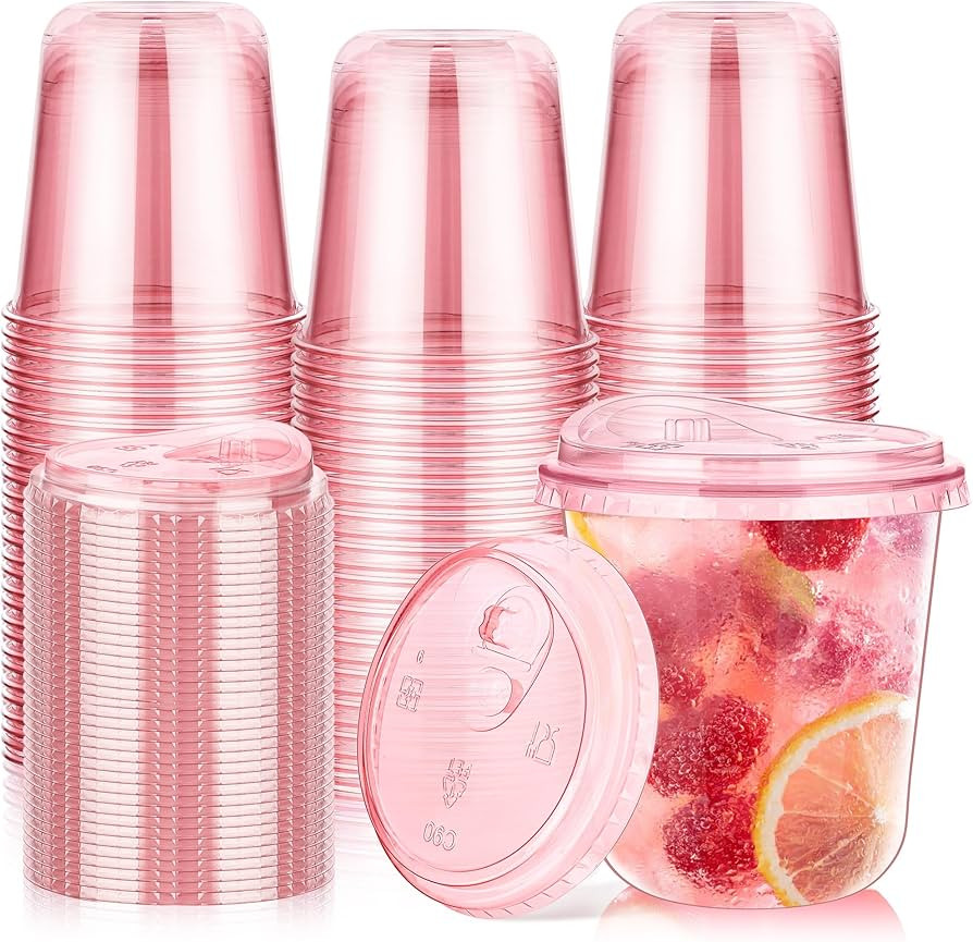 KesaPlan 50 Pack 12 oz Pink Plastic Party Cups with Sip Lids, Disposable Iced Coffee Cup with Lid... | Amazon (US)