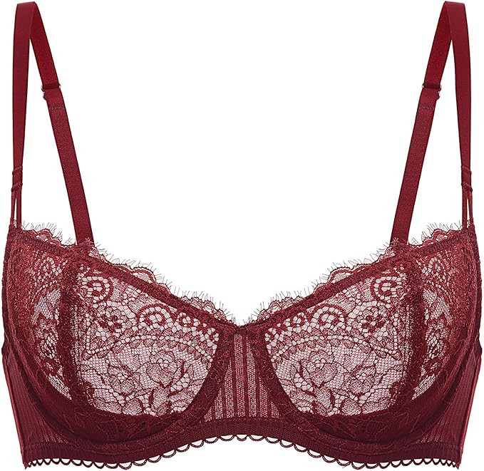 DOBREVA Women's Sexy Lace Push Up Plus Size Bra Sheer Balconette Underwire Unlined | Amazon (US)