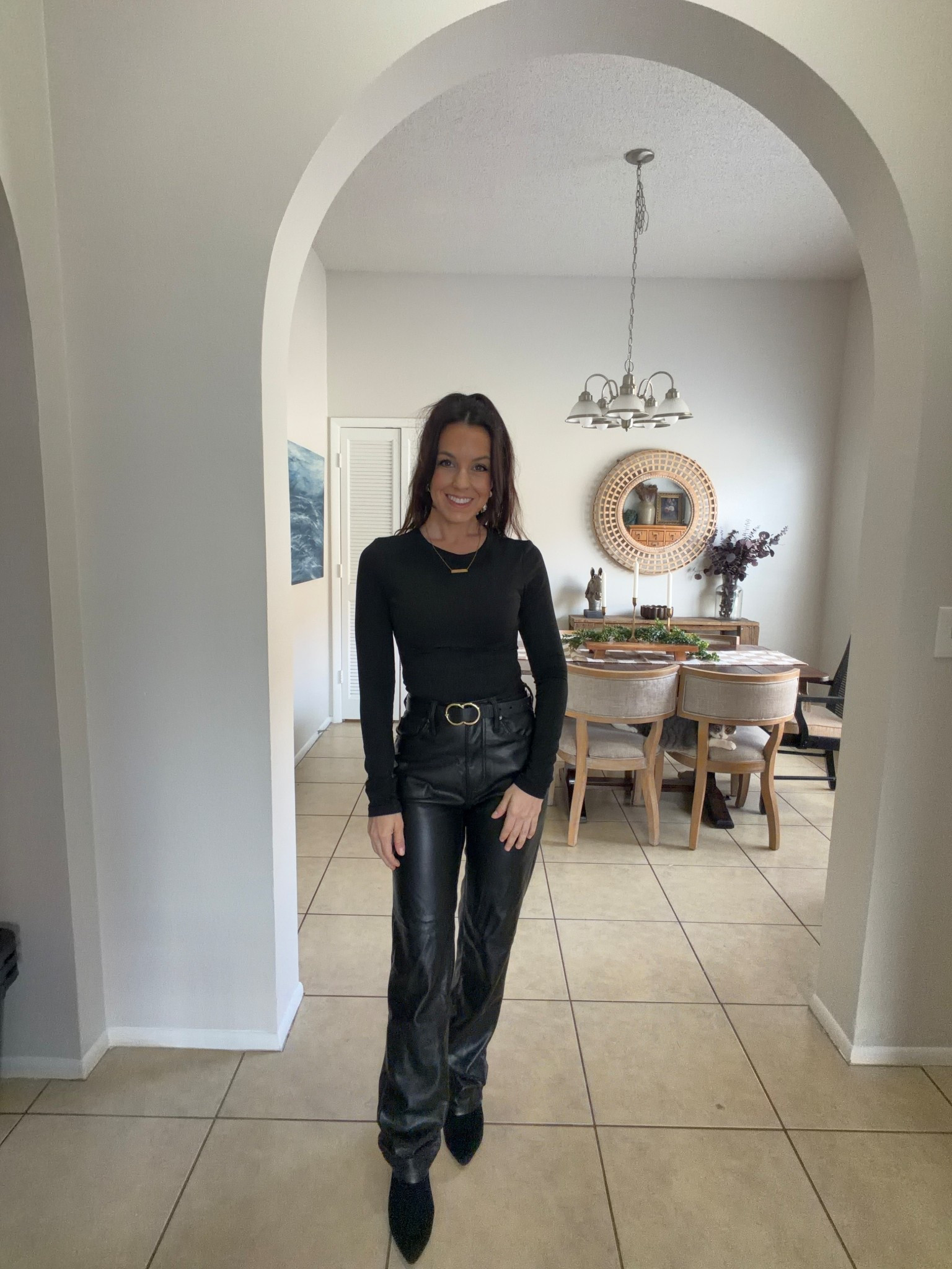 All black outright 
Faux leather pants 
Black long sleeve 
Black boots
Amazon
Target 

#LTKdayinmylife #LTKSeasonal #LTKPetite