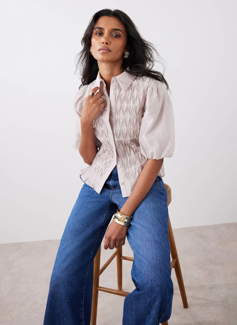 Neutral Puff Sleeve Smock Shirt | Mint Velvet - US