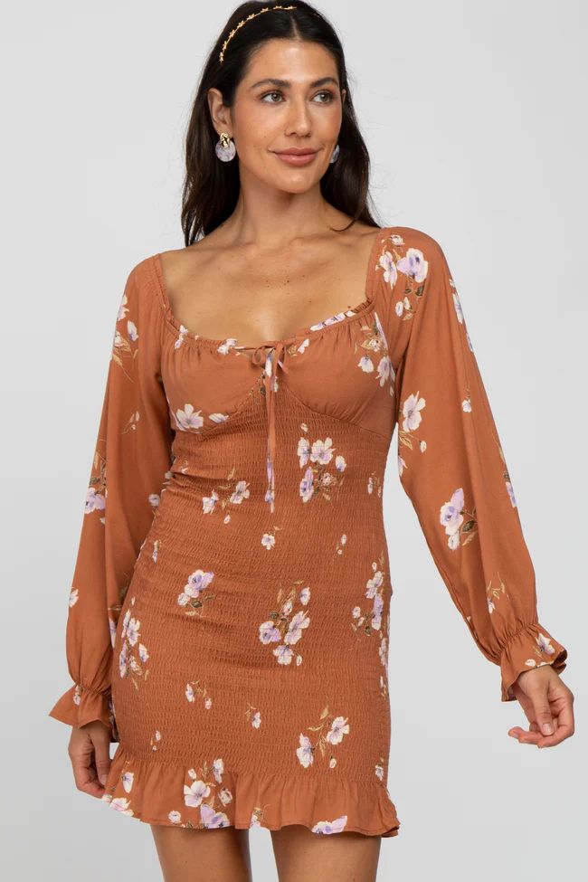 Camel Floral Long Sleeve Smocked Mini Dress | PinkBlush Maternity