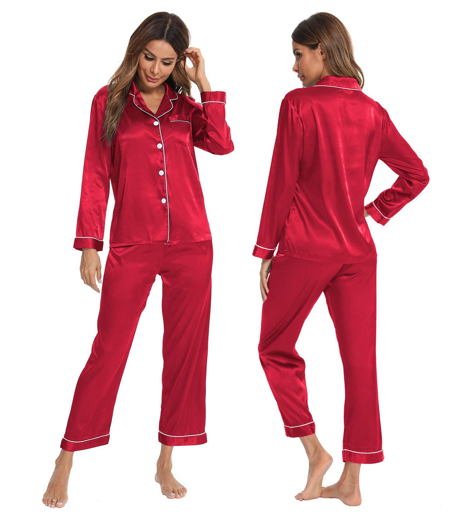 Womens Silk Satin Pajamas Long Sleeve Loungewear Two-Piece Sleepwear Button-Down Pj Set | Amazon (US)