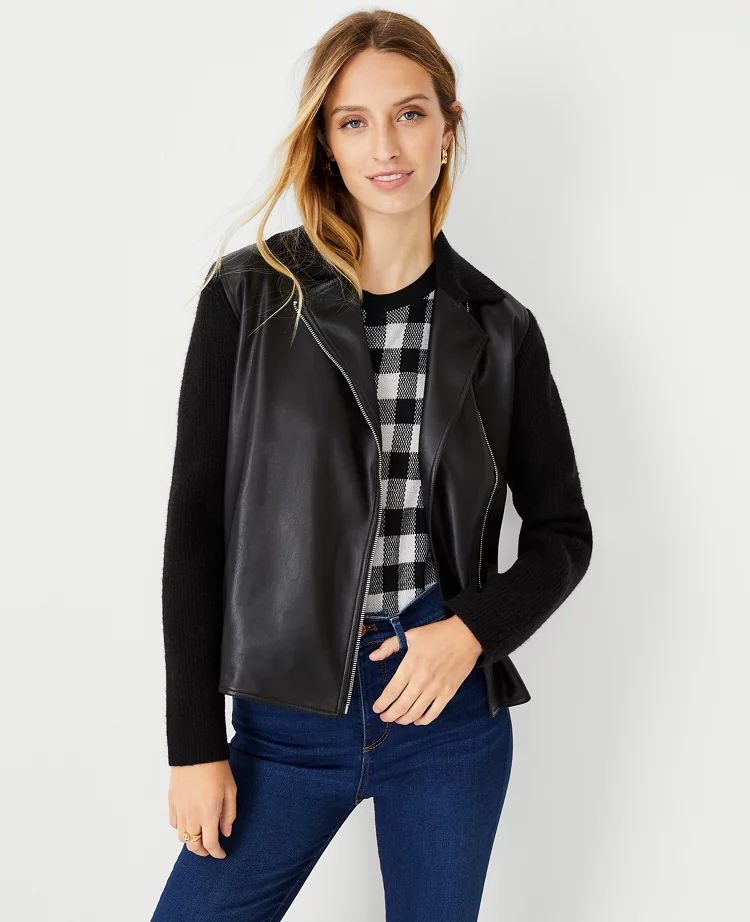 Faux Leather Moto Sweater Jacket | Ann Taylor (US)