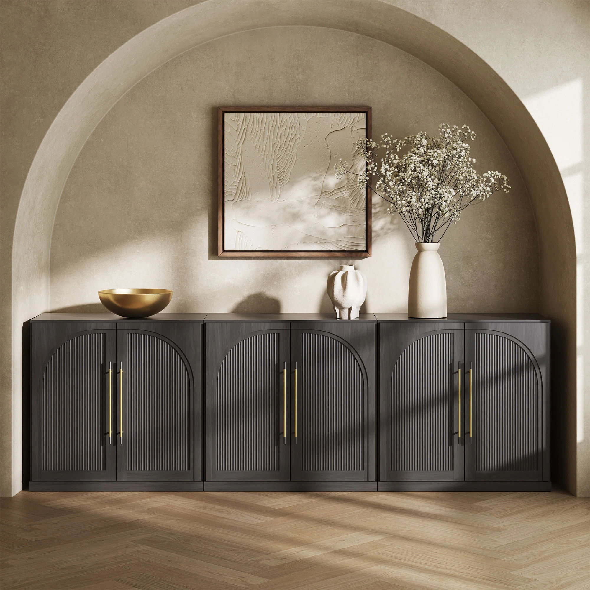 Set of 3 Modular Sideboard with Double-Arc Wood Doors, Ebony (Set of 3) | Wayfair North America