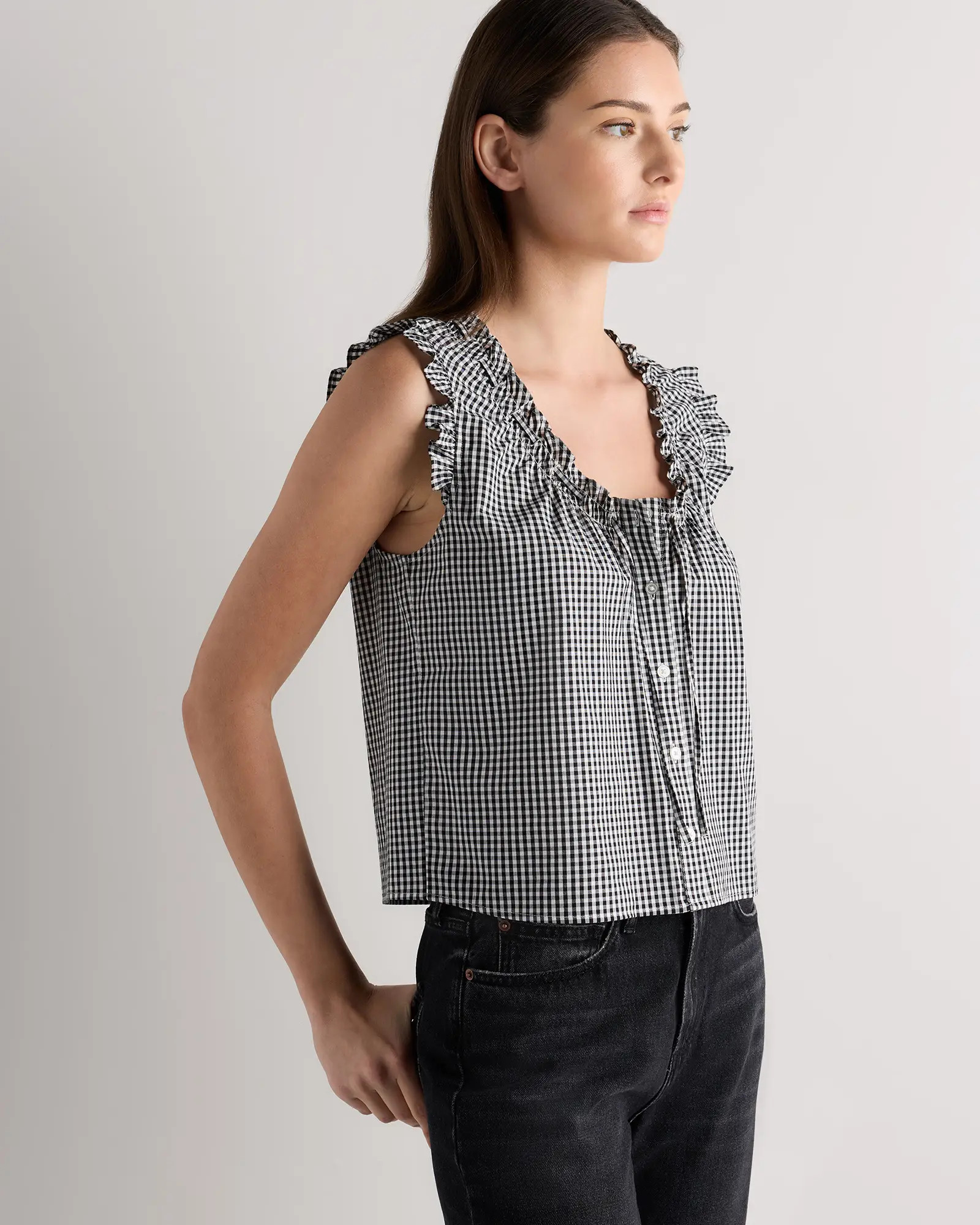Cotton Viscose Voile Ruffle Trim Tank in Classic Mini Gingham | Quince