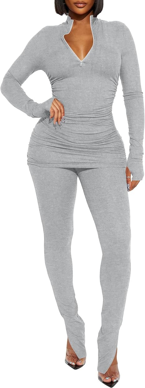 Kaximil Women's Sexy 2 Piece Outfits Sweatsuits Half Zip Tracksuit Long Sleeve Ribbed Legging Pan... | Amazon (US)
