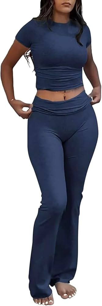 Women's 2 Piece Lounge Outfits Slim Short Sleeve Tops Low Rise Flare Leggings Sets Yoga Sweatsuit | Amazon (US)