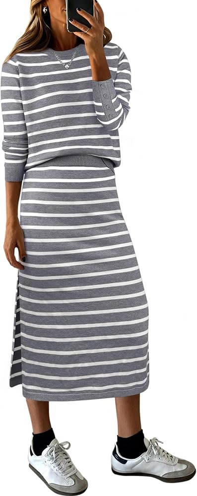 ANRABESS 2 Piece Skirts Sets For Women Fall Fashion 2025 Striped Sweater Midi Dress Knit Lounge T... | Amazon (US)