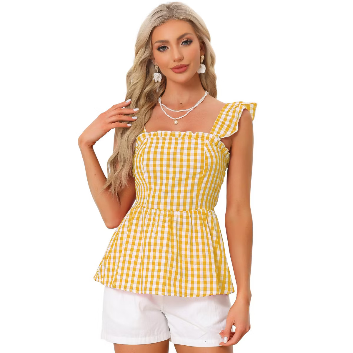 INSPIRE CHIC Women's Summer Square Neck Sleeveless Plaid Gingham Peplum Top | Target