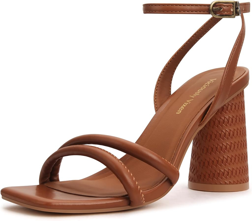 Women's Block High Heels Square Toe Heeled Sandals Ankle Strap Shoes | Amazon (US)