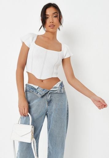 Missguided - White Rib Detail Sweetheart Neck Knit T Shirt | Missguided (US & CA)