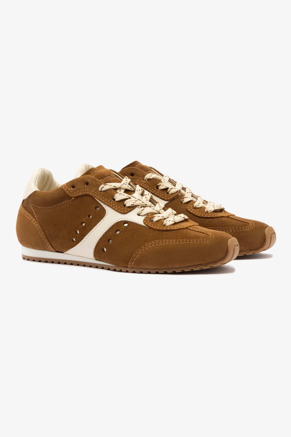 Stella Sneaker In Russet Suede and Ivory Leather | Larroude