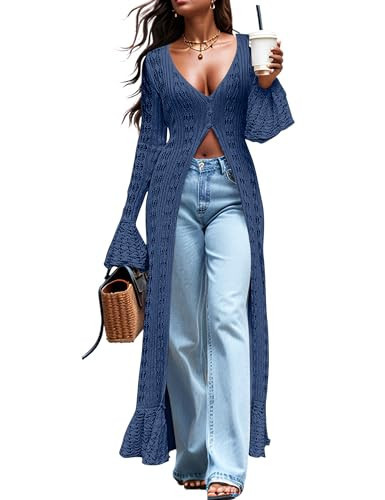 KWSTAIN Cardigan Sweaters for Women Trendy Lightweight Crochet Long Duster Button Up Bell Long Sleeve Ruffle Knit Maxi Dress (RoyalBlue,XL) | Amazon (US)
