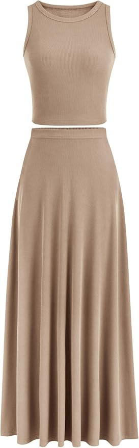 PRETTYGARDEN Women's 2 Piece Maxi Skirt Sets Casual Summer Knit Cropped Tank Top High Waisted Lon... | Amazon (US)