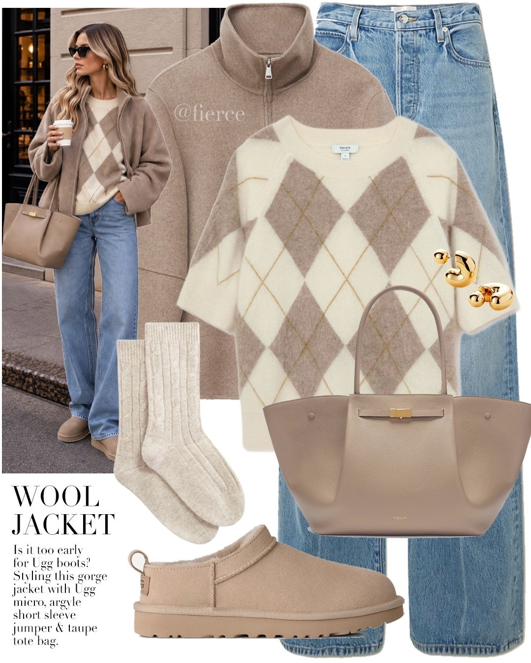 Taupe wool jacket blue jeans argyle jumper Ugg micro trios beige tote bag

#LTKautumn #LTKeurope #LTKuk