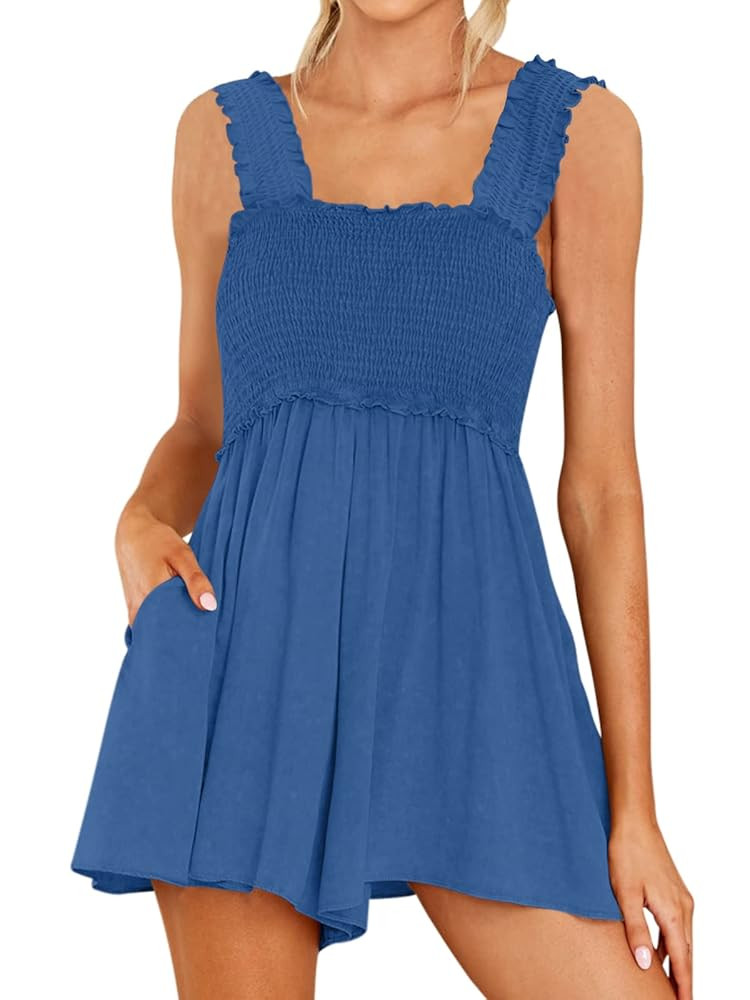 DEEP SELF Women Summer Sleeveless Romper Square Collar Ruffle Straps Flowy Short Jumpsuit with Po... | Amazon (US)