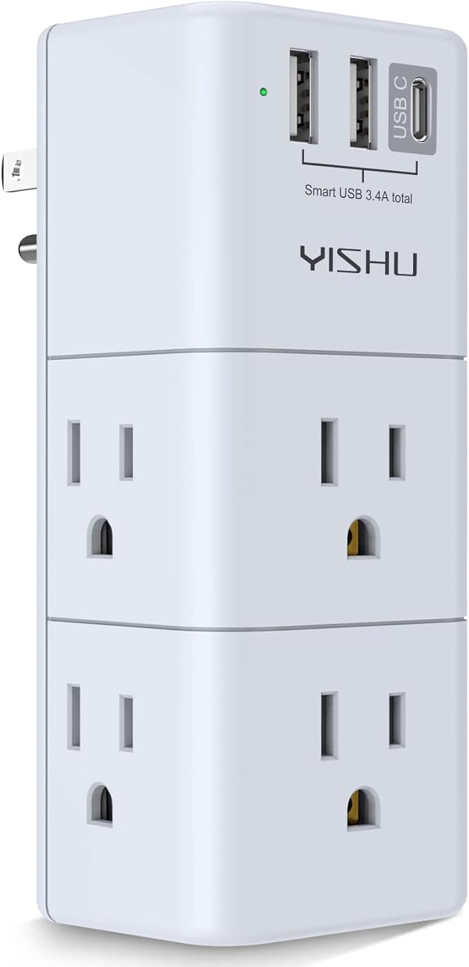 USB Multi Plug Outlet Extender - YISHU Surge Protector with Rotating Plug, 6 AC Plug Extender wit... | Amazon (US)