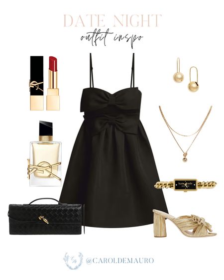 Look stylishly elegant with this black bow-detailed twill mini dress paired with a black clutch, gold bow heeled sandals, and gold accessories for your next date night!
#outfitinspo #summerfashion #partydress #formalwear

#LTKShoeCrush #LTKParties #LTKStyleTip