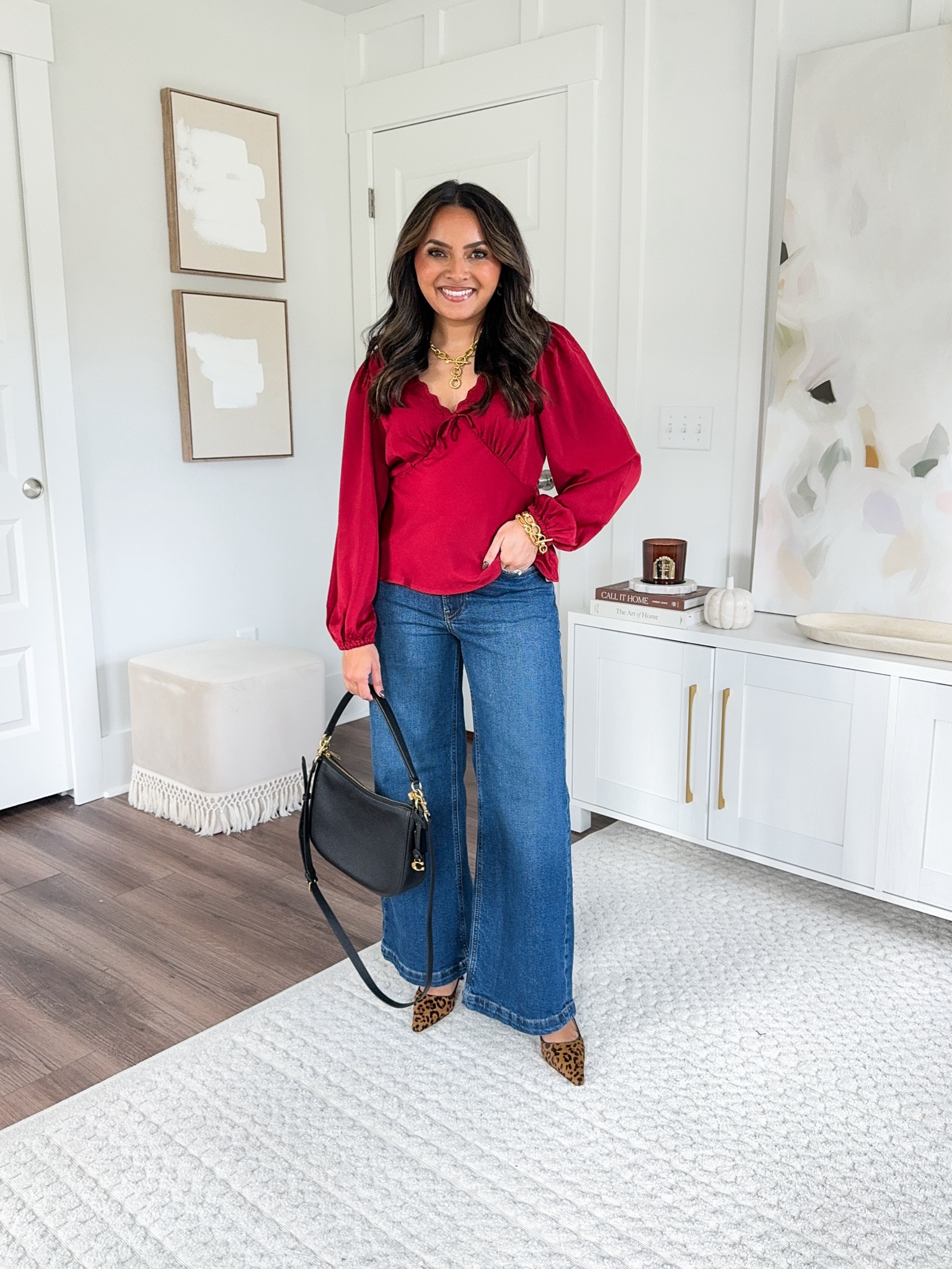 Red satin top size xs petite TTS
Wide leg jeans size 26 petite TTS
Leopard print slingback heels size 5 TTS

Holiday outfit 
Thanksgiving outfit 
Holiday style
Fall outfit 
Fall style

#LTKSaleAlert #LTKHoliday #LTKStyleTip