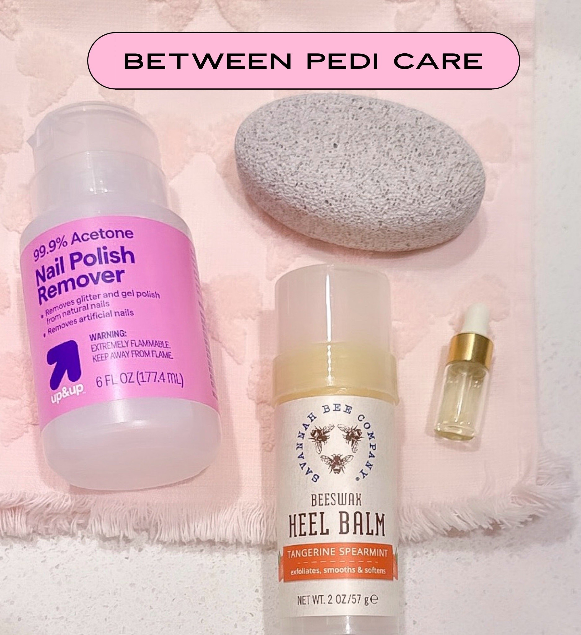 Between Pedicure TLC Products to keep feet looking soft & pretty -

💅🏼Pump Bottle (like the salons 🙌🏻) Nail Polish Remover - can refill! 
🪨Pumice Stone - for heel care! Great to use in the shower since feet are already soft. I do circular motions for about 30 seconds 
🧴Have shared this Savanah Bee Company Heel Balm a few times. It ROCKS! I use it on the whole bottom of my foot then apply socks. 
💧Bonus is cuticle oil around the nails before or after socks. Mine is from my nail salon. Linked one from Olive & June since I love their products & my nail salon uses their line 

Skincare. Beauty. Self care.