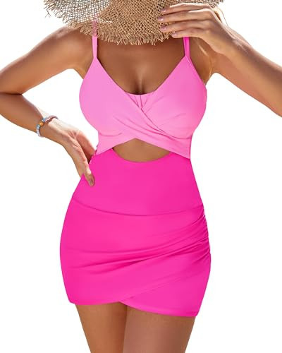 GRAPENT Pink Block Women's One Piece Swimsuit, High Waisted, Criss-Cross Back, Size S-XXL | Amazon (US)