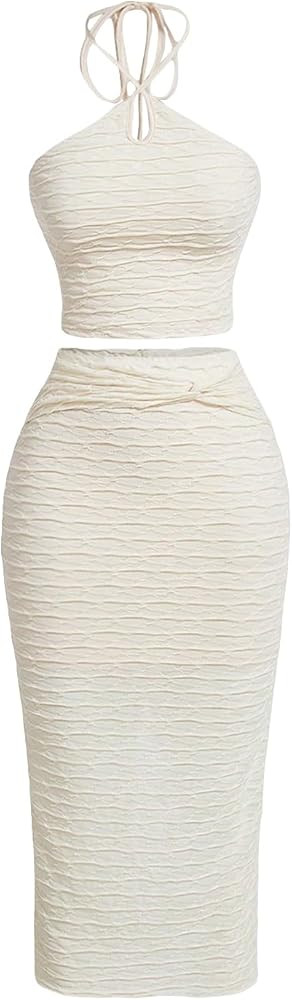 GORGLITTER Women's 2 Piece Outfit Criss Cross Tie Back Crop Halter Top Bodycon Midi Skirt Set | Amazon (US)