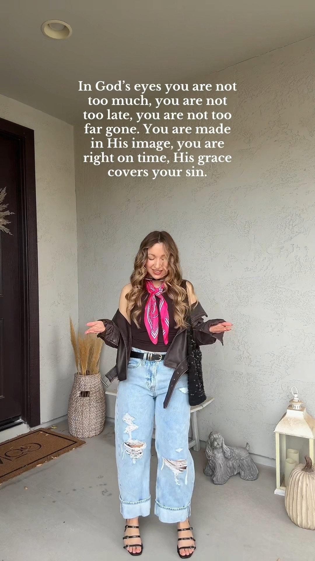 Loving the skill scarf trend 😍 strong my exact hot pink banana scarf as well as other color ways that I love! Wearing size 27 barrel denim distressed light wash in petite length . Size xs petite brown modern crop tank. Black bet with double gold accent. My favorite moto leather jacket is edgy and timeless. I have the leather jacket in brown and black! Wearing size xxs in the jacket. Size 5 strappy sandals in black with buckle accent 

Fall outfit 
Fall fashion
Petite fashion
Street style 


#LTKStyleTip #LTKSeasonal #LTKPetite