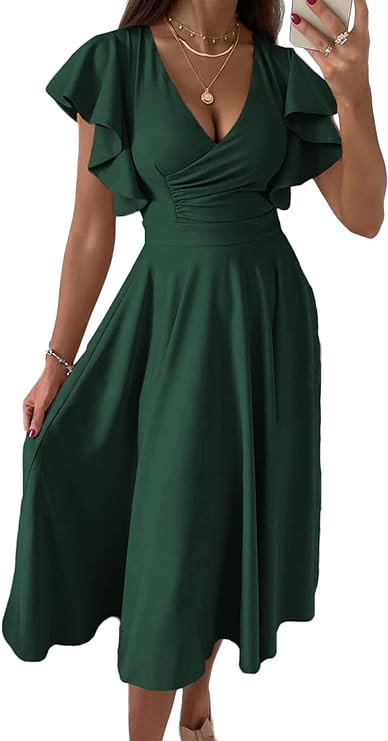 PRETTYGARDEN Summer Midi Dress 2026 Spring Ruffle Sleeve V Neck Cocktail Wedding Guest A Line Fit... | Amazon (US)