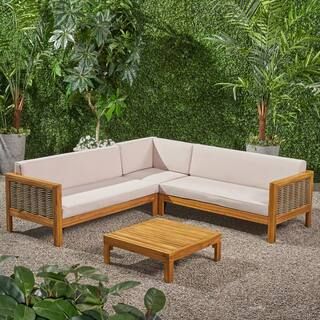 Noble House Linwood Teak Brown 4-Piece Wood and Plastic Patio Conversation Sectional Seating Set ... | The Home Depot