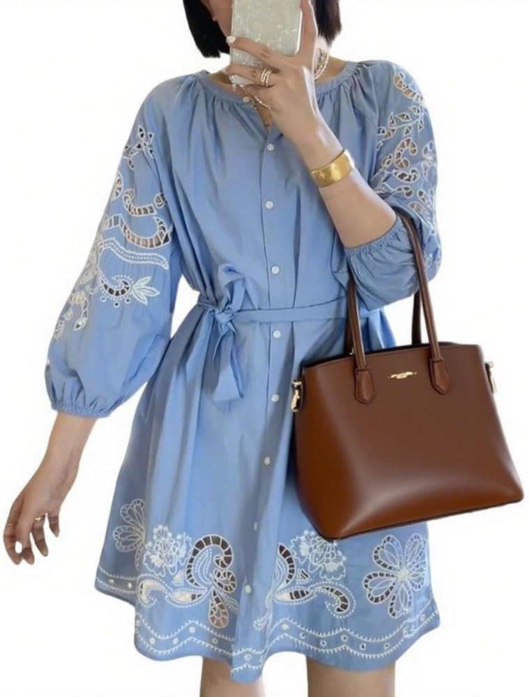 CHARTOU Women Summer Sundress Half Sleeve Dress Button Down Shirt Embroidery Lace Eyelet Tunic Dr... | Amazon (US)