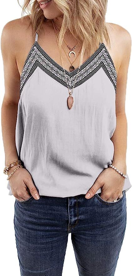 BLENCOT Women's V Neck Strappy Embroidery Tank Tops Loose Casual Sleeveless Shirts Blouses | Amazon (US)