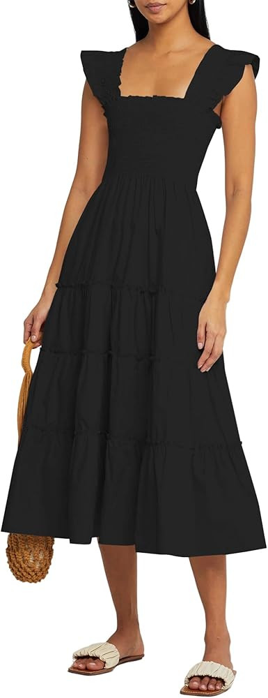 ZAFUL Womens Strap Sleeveless Square Neck Smocked High Waist Ruffle Flowy A Line Tiered Midi Dres... | Amazon (US)
