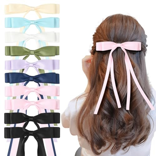 WORTL 10 PCS Satin Hair Accessories: Double Hair Ribbon Ponytail Holders, Metal Hair Clips and Bows for Women and Girls in Black and White | Amazon (US)