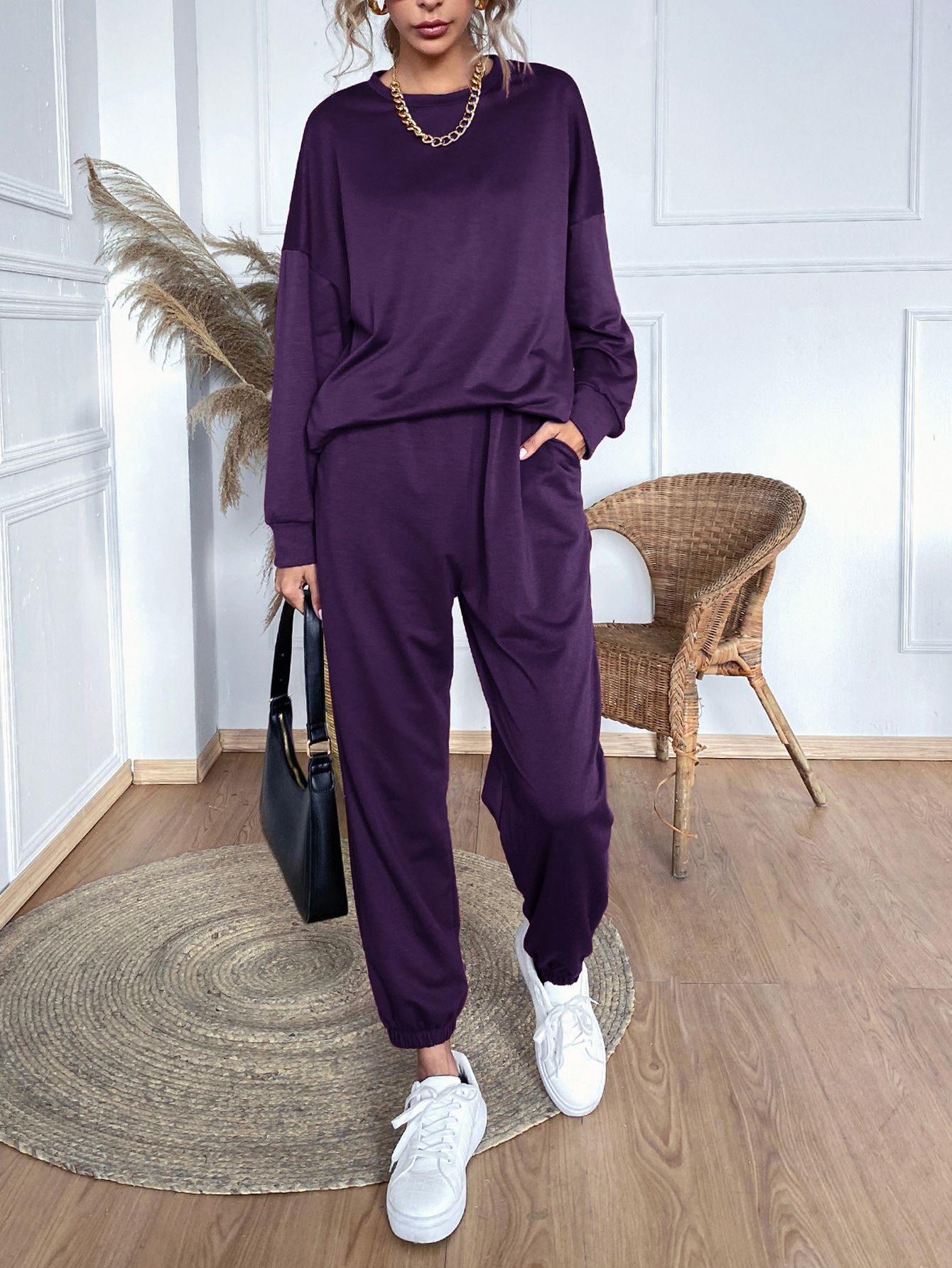 Solid Drop Shoulder Sweatshirt With Joggers | SHEIN