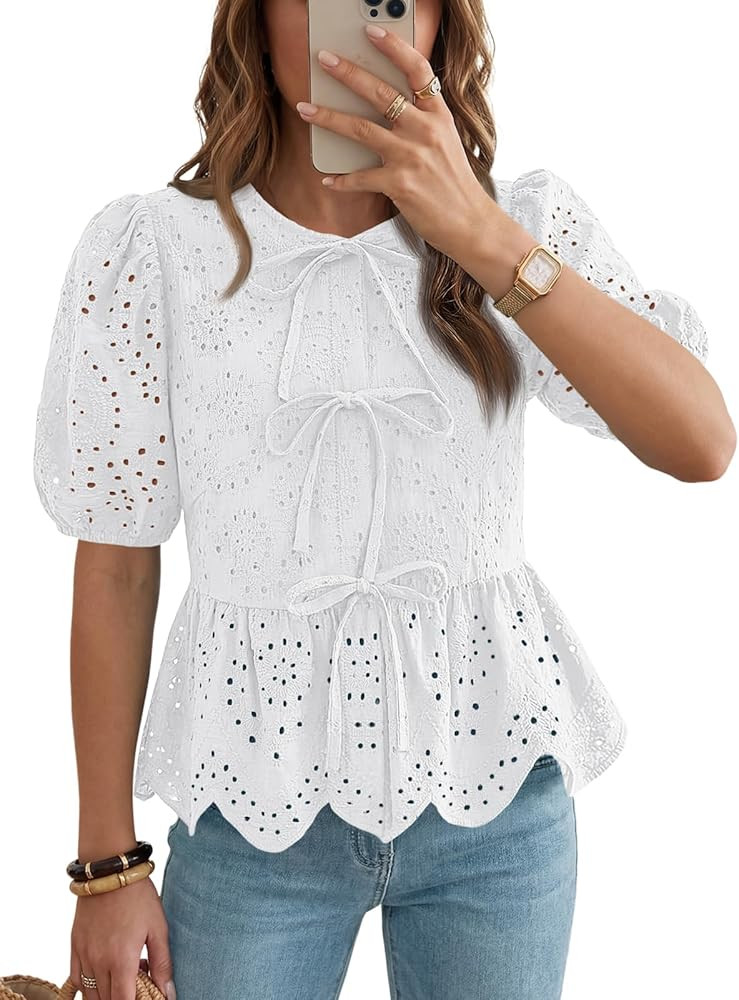 LILLUSORY Womens Spring Embroidered Short Puff Sleeve Peplum Tops Summer Babydoll Tie Front Eyele... | Amazon (US)