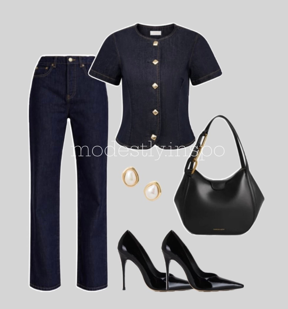 classy denim set, meshki denim set, short sleeve denim top, dark wash jeans, denim top with gold buttons, black heels, black pumps, stilettos, chic outfit, classy outfit, work outfit, going out outfit, matching sets

#LTKootd #LTKgrwm #LTKSaleAlert
