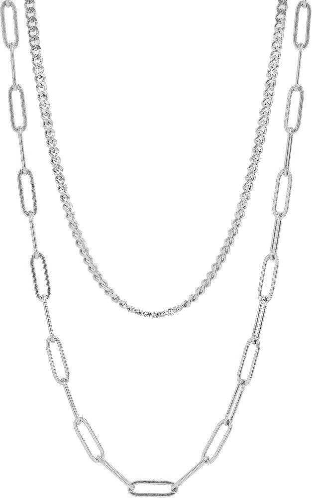 Stainless Steel Layered Necklace Set, 18" Minimalist Geometric Chain | Amazon (US)